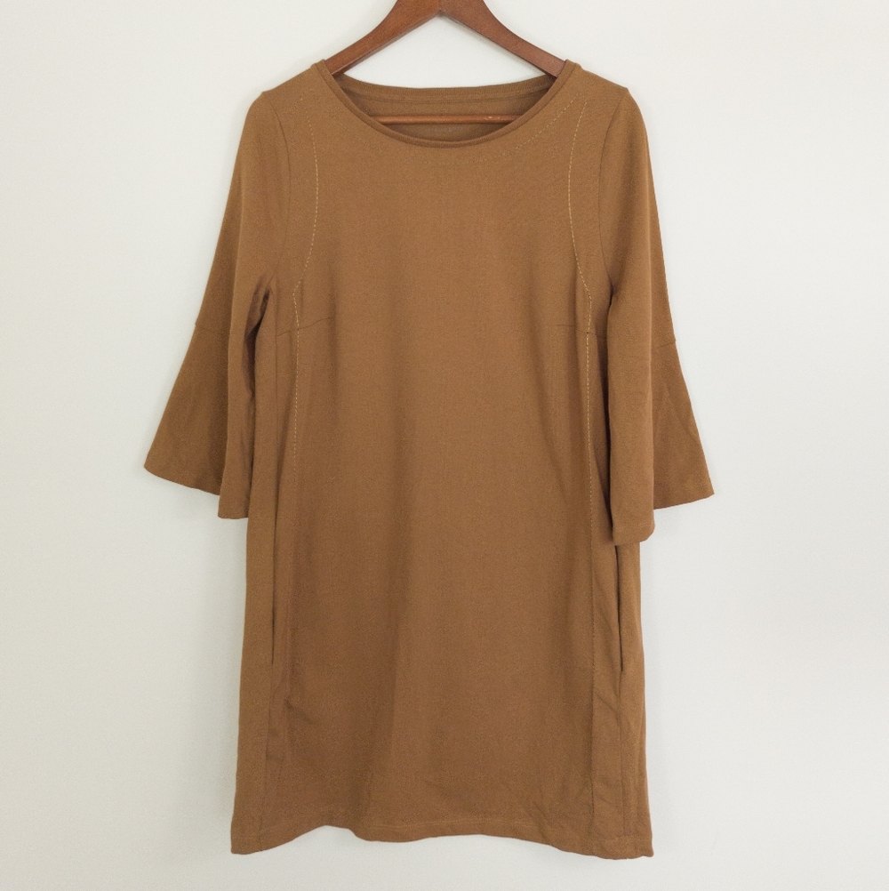 Annette Gortz Brown Knit Shift Dress Bell Sleeve Small Lagenlook Avant Garde
